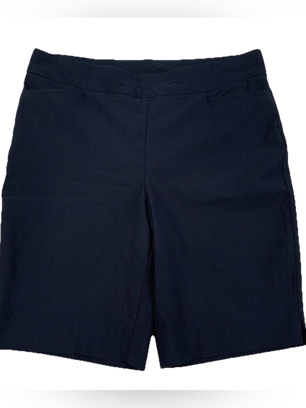 Chico’s Pull On Bermuda Shorts Size 10 Navy Blue Elastic Waist Summer Slimming